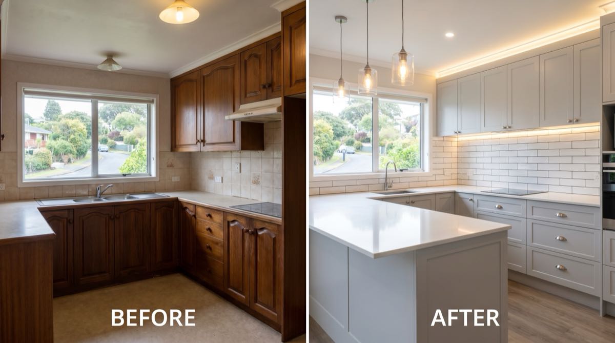 Kitchen makeover with refaced doors and new benchtop