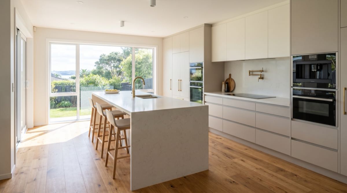 Modern Wellington kitchen renovation with waterfall island