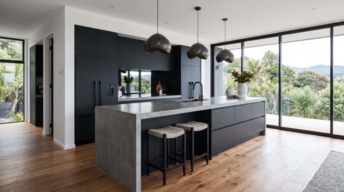 Contemporary handleless kitchen with integrated appliances